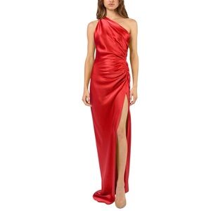Michelle Mason Asymmetrical Gathered Red Silk One-Shoulder Evening Gown Maxi